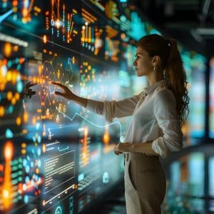 Businesswoman Presenting Digital Transformation Plan on Interactive Screen with Connected Data Visualizations CAIO-2