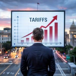 American businessman against the backdrop of tariff increase charts Tariff