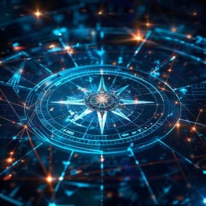 futuristic network of Digital and business transformation connected by graphs to a compass shown from birds eye view with front-lighting AI-Compass