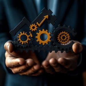 Process improvement and productivity growth concept. A businessman holds gears and upward arrows, symbolizing process optimization, productivity growth, efficient processes, and business efficiency BPI