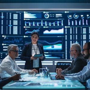 Diverse Team Of Data Scientists and Software Developers Discussing Reports in Monitoring Room with Analytics Feed on Big Digital Screen. Female Leading Artificial Intelligence Company Board Meeting Technical, Agile, leadership, change